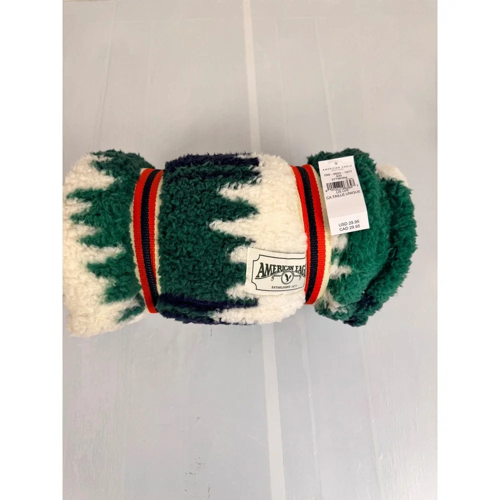 American Eagle Throw Blanket 50x60 Green Buffalo Plaid Sherpa Fleece Mountain